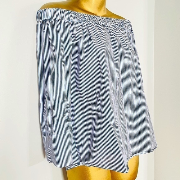 New Zara vertical stipe off the shoulder top blue white - Picture 3 of 5
